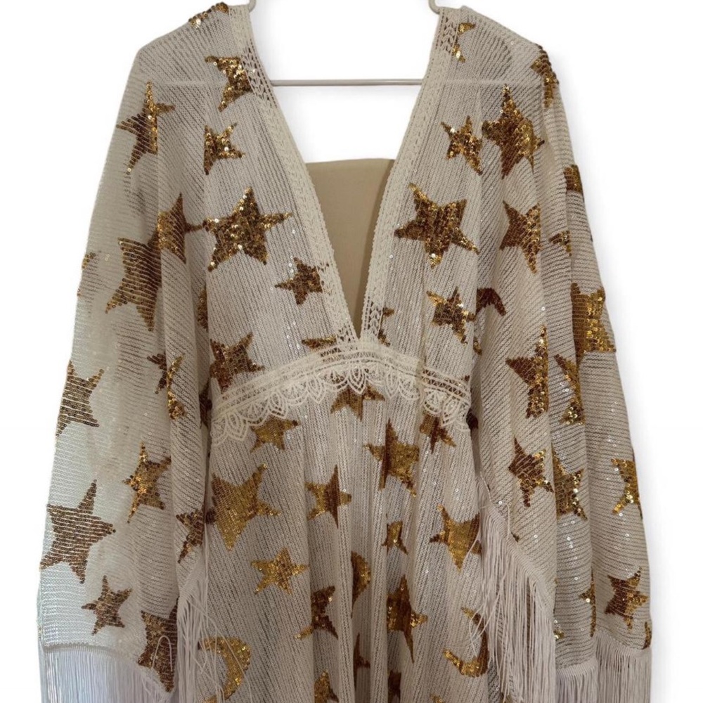 Flutterdress White with Gold Star and Moon Design Maxi Dress